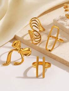 4pcs/Set Stainless Steel 18K Gold Plated Minimalist Geometric Line & Bow Knot Open Rings, Suitable For Women's Daily Wear - Multicolor - View 5