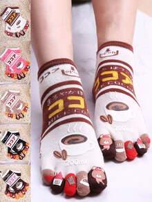1 Pair Women's Personalized Five Toe Socks, Coffee Toe Separator Socks, Cute Cartoon Mid-Calf Socks, Suitable For Daily Wear, Parties, Performances, Gifts - Multicolor - View 2