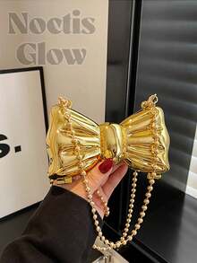 Mini Bowknot Mini Evening Bag, Small Personalized Fashion Chain Lipstick Bag For Women, Suitable For Valentine's Day, Party, Date, Decorative Shoulder Crossbody Bag, Coin Purse, Silver, Gold Earphone Case - 彩色 - 查看 5