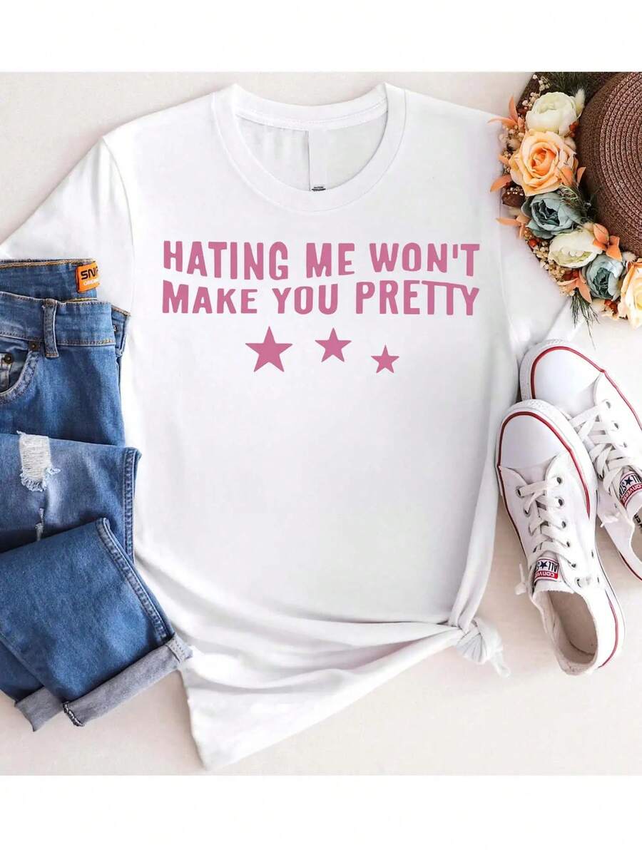 Women's Pure - Cotton White T - Shirt: Empowering Anti - Hate Quote Tee   Graphic Short Sleeve Top,Valentine's Gift Casual Tee,Green Shamrock Print Tee - 白色 - 查看 1