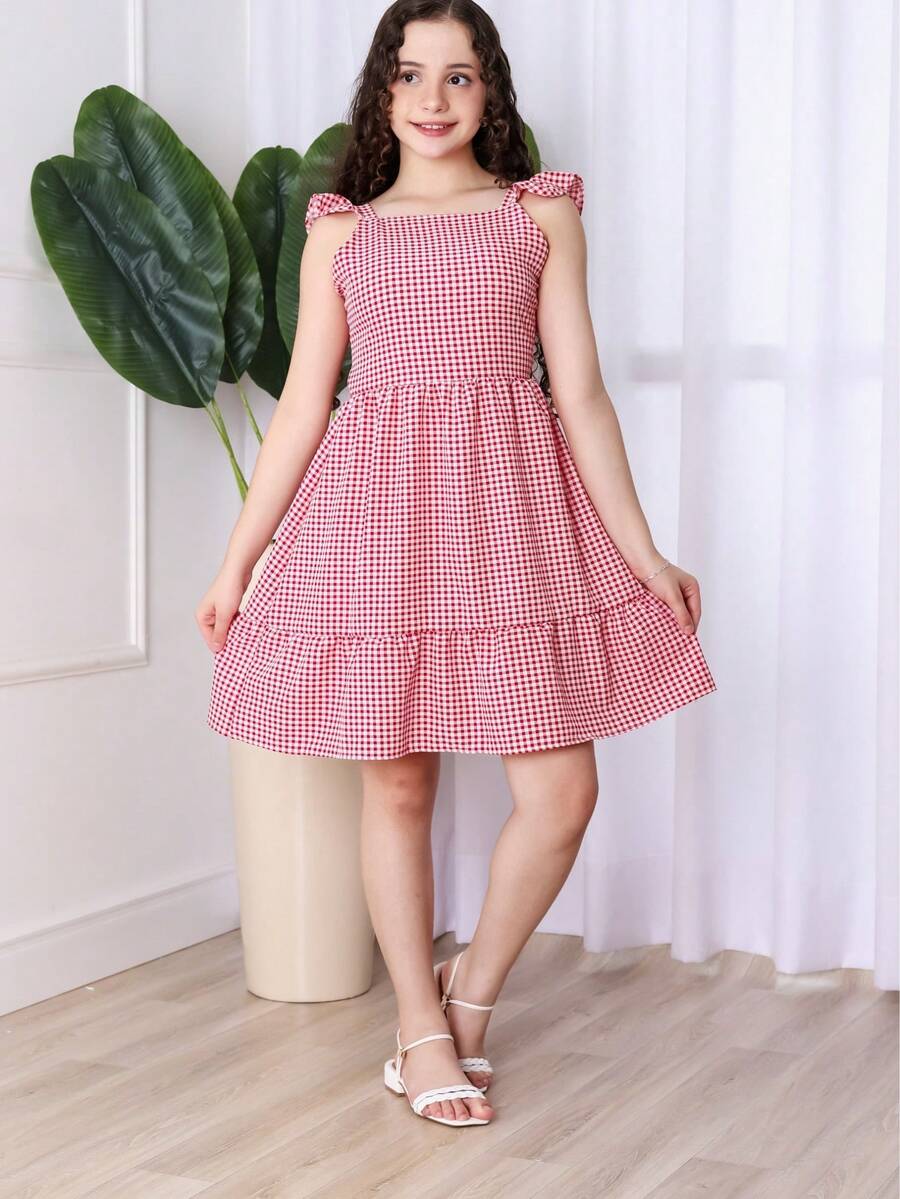 Girls' And Teen Girls' Strappy Dress With Checkered Print, Crepe Fabric, For June And July Festivals, With Ruffled Sleeves, Spring/Summer Style (Vinf430) - Merah - View 1