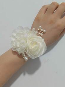 1pc Women's Wrist Flower, Olive Green Camellia Paired With Beige Rose Decor, Elegant Floral Bracelet With Beads For Bride, Bridesmaid, Wedding, Party, Daily Wear Valentine's Day Accessories - Beige - View 4