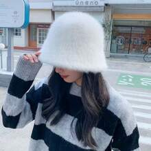 1pc Autumn/Winter Korean Fashion Warm Faux Rabbit Fur Adjustable Bucket Hat, Versatile & Warm, Fits Large Head Circumference, White Fluffy Plush Bucket Hat Winter Warm - White - View 10
