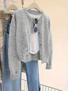 ii 时尚撞色纽扣针织开衫 - 淺灰色 - 查看 5