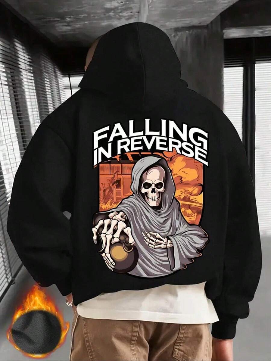 Men'S Hooded Sweatshirt - Falling In Reverse Graphic Pullover Hoodie With Hood, Loose Fit Long Sleeve Hoodie For Concerts, Gym,Fall Hoodies,Men's Fall Clothes,Street Wear,Halloween,Mens Hoodies,Y2k Clothes,Jesus Hoodie,Thanksgiving Day,Nightmare Before Christmas,Christmas - 黑色 - 查看 1
