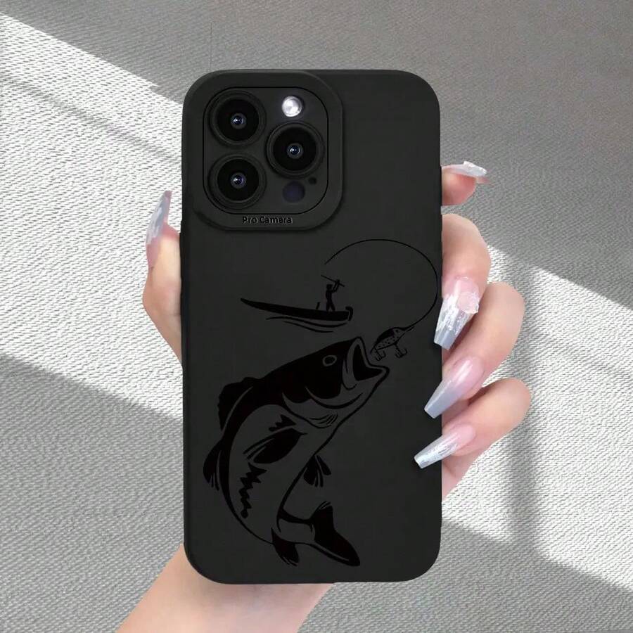 Funda de Teléfono con Patrón de Pescador y Peces Grandes, Textura Mate de Alta Calidad, Protección Completa de Cámara, Anticaída, Antihuellas, Adecuada para 16/15/14/12/11/X/XR/XS/8//SE Plus Pro Series, Regalo Perfecto para Familia y Amigos - Colores mixtos - Ver 1