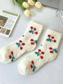 5 Paar Damen Kirsch Frucht Plüsch Socken, Winter warme Hausschuhe, bequeme Haussocken zum Schlafen