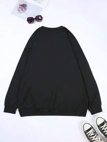 Women'S Casual Crew Neck Sweatshirt With Espresso Martini Alphabet Print, Soft Micro Elastic , Knit Fabric, 250gsm, Fall/Winter Fashion Top - màu đen - Xem 2