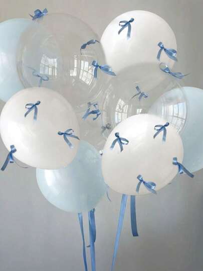 28/57 Pcs Blue Bow Balloon Set, Including Transparent Wave Balloons, With Blue Ribbon And Glue, Essential Decoration Props For Holiday Parties, Suitable For Birthday Parties, Anniversaries, Wedding Scene Decorations, Valentine's Day Gifts, Room Background Decorations, Christmas Decorations