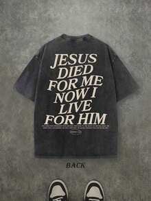 Retro Washed T-Shirt Double Sided Printed (230 Pure Cotton T-Shirt) 'JESUS DIED FOR ME NOW I LIVE FOR HIM' Letter Print, Christian Gift, Men's T-Shirt, Men's Casual, Comfortable, Fashionable T-Shirt, Street Style Cotton - Unisex Plus Size Top - 黑色 - 查看 2