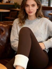 Women's High-Waisted Winter Warm Thickened Leggings - Full Length - High-Rise Stretch Workout Pants With A Waistbandless Design And A Smooth Texture, Perfect For Fitness, Yoga, And Layering - Machine Washable Thermal Leggings (Waistband Not Included) - Elastic High-Waisted Leggings With Natural Details And Solid Colors, Perfect For Fitness And Training - Thermal Pants, Women's Winter Warm Soft-Touch Leggings With Fleece And Thickness - Màu Khaki - Xem 3