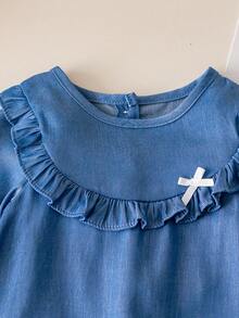 3pcs Baby Girls Spring/Autumn Long Sleeve Set, Stylish Denim Effect Princess Dress, Pants And Headband, Infant Clothing