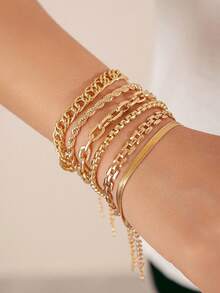 Bộ 6 vòng tay xích kim loại phong cách Punk cổ điển dành cho nữ, kết hợp vòng kim loại, dây thừng, thiết kế hình rắn và xoắn, vòng tay nhiều lớp, quà tặng cho bạn gái, trang phục hàng ngày, quà tặng Ngày của Mẹ - Vàng - Xem 12