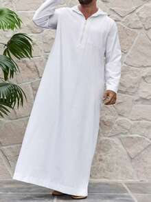 Muslim Men's Solid Color Casual Zip-Up Half-Placket Long Sleeve Hooded Traditional Arabic Robe - White - View 2