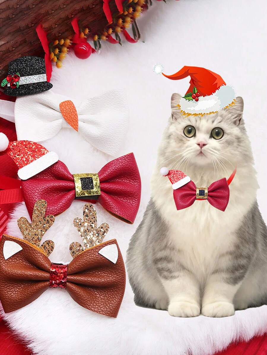 1 件圣诞宠物蝴蝶结，圣诞鹿角和圣诞帽元素，可调节圣诞限量版宠物蝴蝶结，皮革蝴蝶结，适合小型犬和猫 - 彩色 - 查看 1