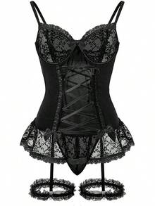 Sheer Mesh Corset Lace-Up Garter Belt Babydoll Lingerie Set - Pure Black - View 11