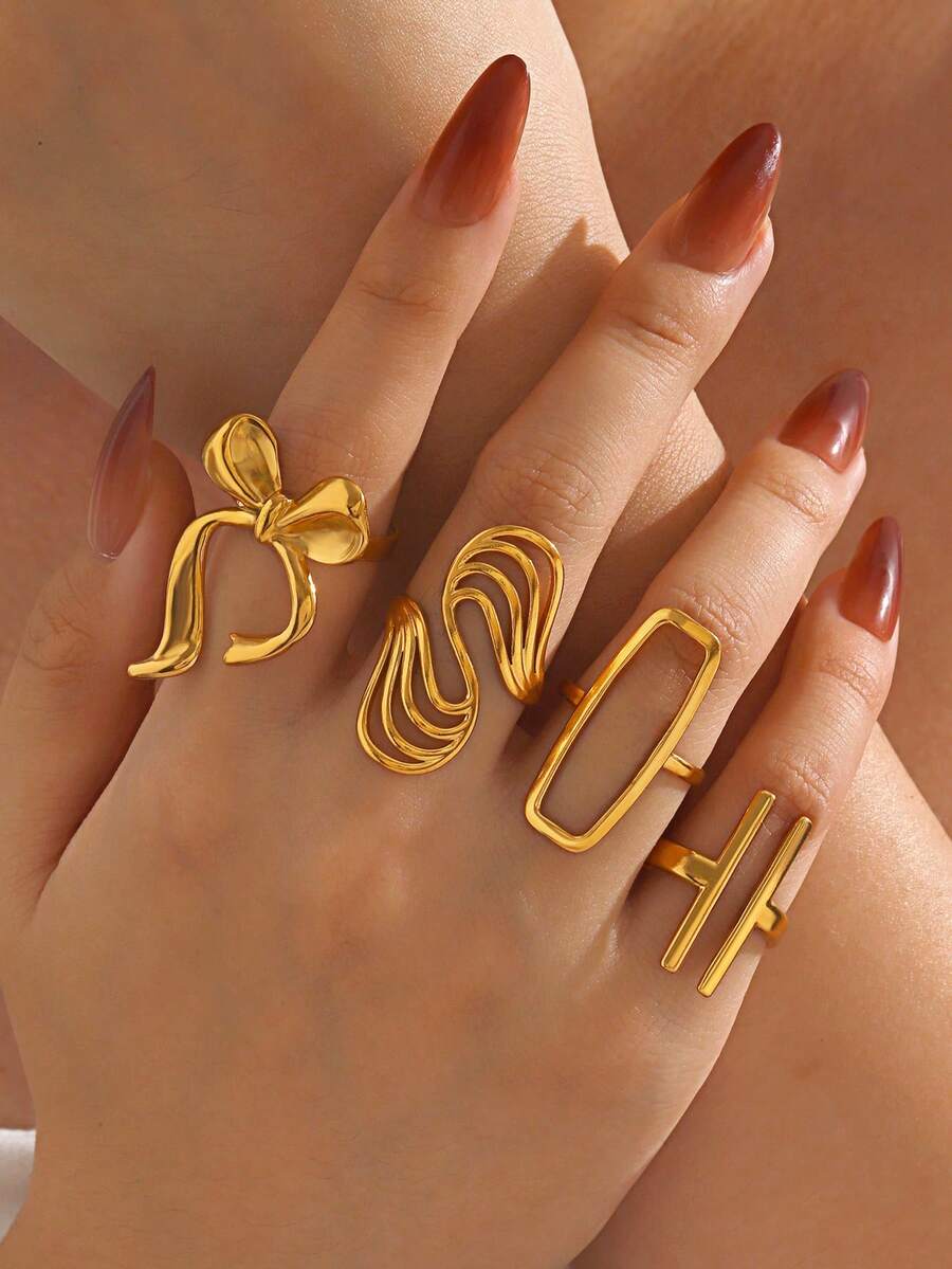 4pcs/Set Stainless Steel 18K Gold Plated Minimalist Geometric Line & Bow Knot Open Rings, Suitable For Women's Daily Wear - Multicolor - View 1