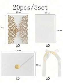 20pcs Gold Glitter Hollow Rose Shaped Wedding Invitations With Envelopes And RSVP Cards, Pre-Tied Satin Ribbons, For Wedding Anniversary, Bridal Shower, Engagement Party, Banquet Invitation - Multicolor - View 12