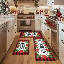 1/2/3 Stücke verstärkte 0.47 Inch/1.2cm Weihnachts-Küchen-Teppiche und -Matten - Rot karierte Weihnachts-Teppiche und -Matten rutschfest waschbar, Fußmatte mit geringer Profil für Feiertage, Weihnachtsdekoration für Zuhause, Heim süßes Heim