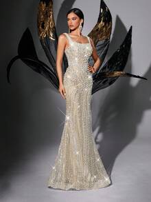 Sequin Beaded Backless Sleeveless Mermaid Dress