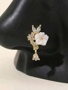 1pc Metal Inlaid Flower Petal, Clip-On Fake Nose Ring, Dangling Fake Nose Hoop Nose Piercing Jewelry, Suitable For Women As Valentine's Day, Mother's Day Gift - Silver White Flowers - View 4