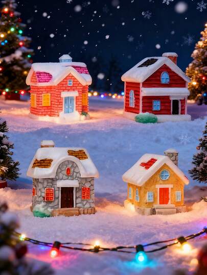 4 piezas Figuritas de resina de pueblo navideño, decoración navideña, encantadora casa en miniatura cubierta de nieve, decoración de micro paisaje de jardín de hadas, decoración DIY para Navidad, decoraciones de Halloween, decoración del hogar de otoño, figuras coleccionables