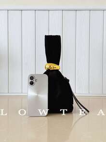 low tea 1pc Solid Color Suede Fabric Handbag For Women, Personalized Mini Cloud Pleated Bag With Metal Decor Zipper Closure, Suitable For Daily And Outing Use - Black - View 4