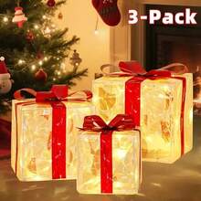 Set de 3 piezas de iluminación navideña con control remoto, 8 modos de iluminación, Aurora - Caja de decoración navideña con luces blancas cálidas, para árbol de Navidad, jardín, hogar, decoración navideña exterior, caja de regalo con moño rojo