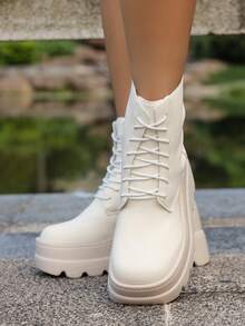 Giày bốt cao đến đầu gối buộc dây đế dày cổ điển dành cho nữ, thiết kế bằng da, giày bốt đi xe máy thường ngày, công sở, đi làm, mũi tròn, thu/đông - trắng - Xem 5