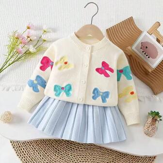 WUHUANG YIYI 2 件套女童可爱纯色刺绣蝴蝶结装饰开衫和裙子套装，秋冬休闲装