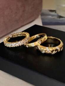 rundraw 2026 节日新款优雅奢华星形麦穗铜锆石金/银开口戒指套装（3件套），适合女士日常、约会、舞会、派对、搭配日常服饰，是送给朋友、情侣、新年、情人节的最佳礼物。