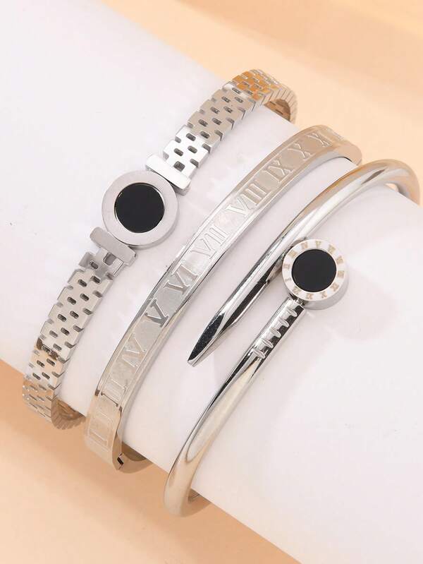 Conjunto de 3/2 peças/conjunto de detalhes de algarismos romanos de prata vintage ocidental, corrente de relógio, letras de amor, pulseira preta, conjunto de joias adequado para uso diário feminino, design clássico de rebite de algarismos romanos, pulseiras à prova d'água, acessórios, conjuntos de joias para mulheres, casais, casual, casamento, festa, presentes para namorado no dia dos namorados