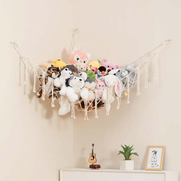 Stuffed Animal Storage Macrame Hammock, Large - Boho Room Decor Toy Storage - Corner Hanging Plushie Stuffed Animal Net Organizer