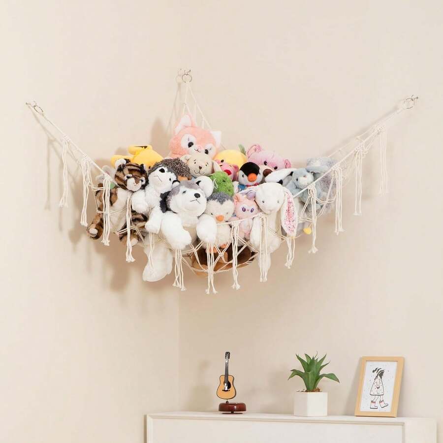 毛绒动物收纳花边吊床，大号 - 波西米亚风格房间装饰玩具收纳 - 角落悬挂毛绒玩具毛绒动物网状收纳盒 - 彩色 - 查看 1