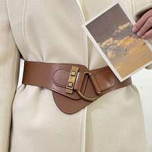 Vintage Style Faux Leather Belt, Rivet Buckle Design, Elastic Wide Waistband, Suitable For Dresses, Jackets And Suits, Lightweight And Comfortable, Non-Textile Material, Suitable For Mature Occasions, One Size Fits All - Wide C Buckle - View 7