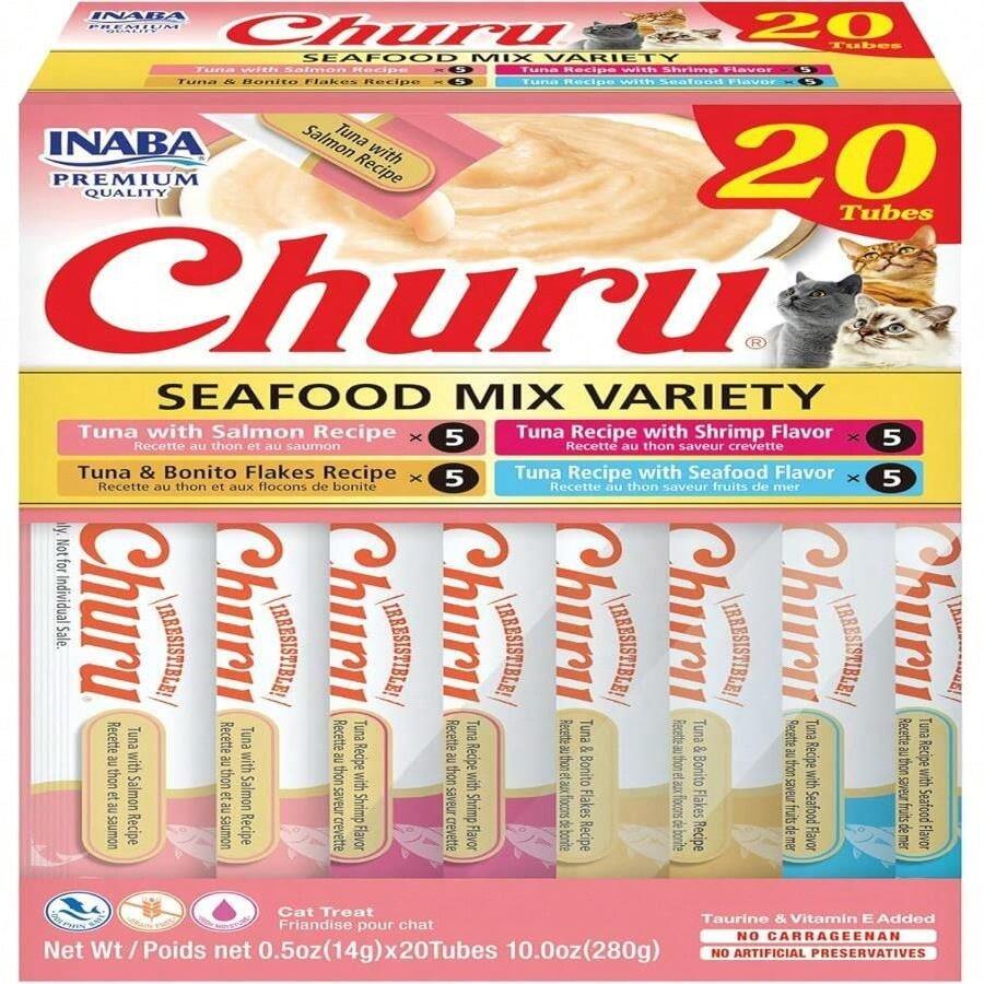 INABA Churu Cat Treats, Grain-Free, Lickable, Squeezable Creamy Purée Cat Treat_Topper, 60 Servings, Tuna Variety Box - MàuM - Xem 1