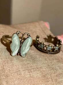 2 件复古简约绿色蝴蝶和花朵装饰可调节戒指，适合女性日常佩戴、照片、情人节礼物