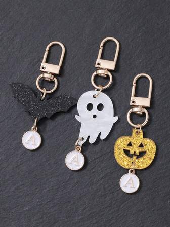 3 piezas Llavero con inicial de dibujos animados de Halloween - Llavero con letra y acento de murciélago y fantasma de Halloween para mujeres/hombres - Regalo de cumpleaños/Halloween/fiesta Accesorio de uso diario resistente Accesorios de Halloween