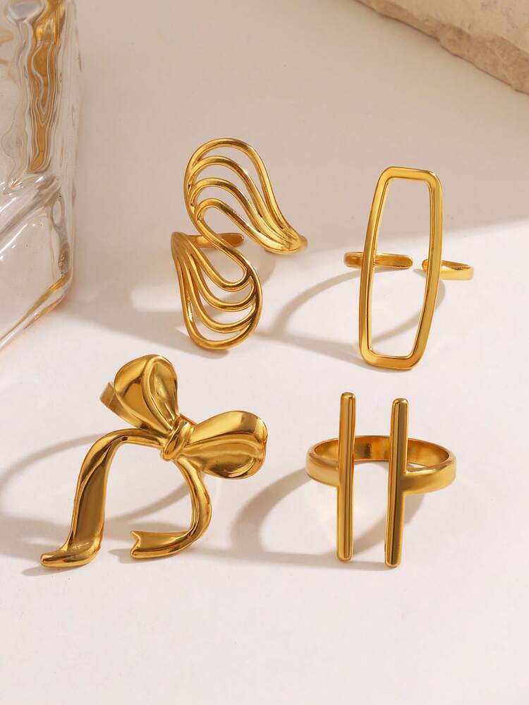 4pcs/Set Stainless Steel 18K Gold Plated Minimalist Geometric Line & Bow Knot Open Rings, Suitable For Women's Daily Wear - Multicolor - View 4