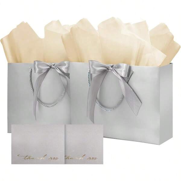 Rynvexi 12.6" Gift Bags 2 Pack Medium Gift Bags With 4 Tissue Paper 2 Cards And 2 Ribbons For Celebrating Birthdays Weddings Anniversaries Mother's Day Bridal Shower Baby Shower
