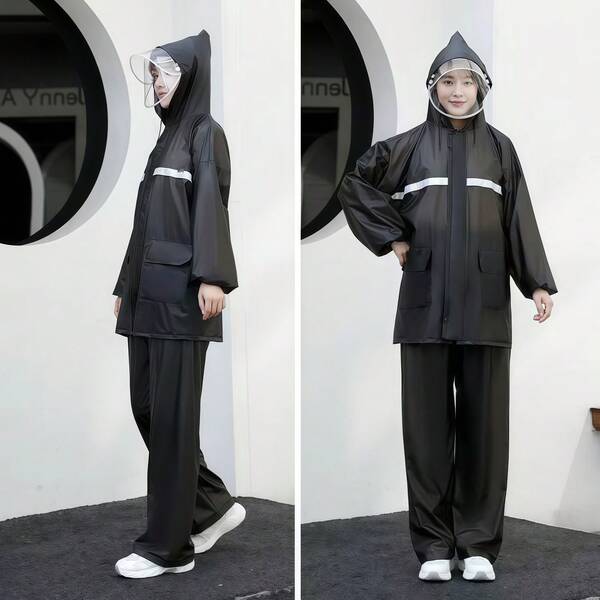 2pcs Women Outdoor Casual Cycling Raincoat + Pants Set, Waterproof Zipper Full Body Motorcycle Rain Gear With Double Visor & Pockets