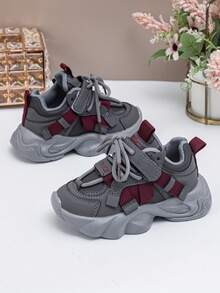 Spring & Autumn New Kids Sports Shoes, Girls Comfortable Lightweight Hook And Loop Casual Chunky Sneakers, Boys Fashion Versatile Running Sneakers - Grey - View 4