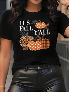 Camiseta de manga corta para damas con estampado de patrones, top de cuello redondo suelto y casual, se puede lavar aáquina para comodidad durante las cuatro estaciones. - Negro - Ver 5