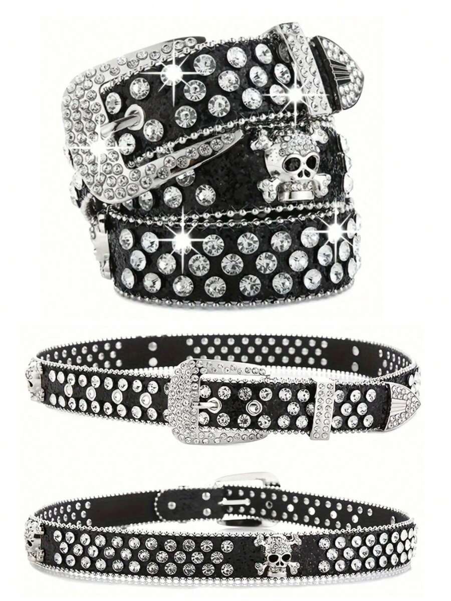 水钻腰带，骷髅设计，男女通用，高品质皮带 - 彩色 - 查看 1