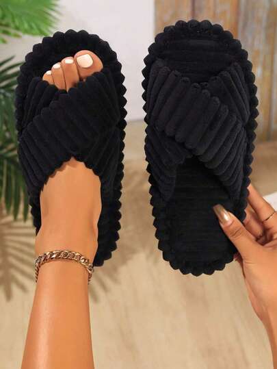 Women's Criss-Cross Slippers, Comfortable Indoor Soft Plush House Slippers, Fashionable For All Seasons, Applicable To Autumn And Winter