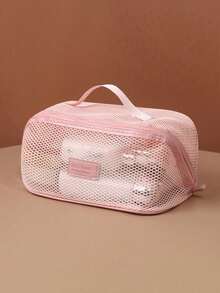 1pc Nylon Mesh Cosmetic Bag, Travel Cosmetic Storage Bag, Breathable Toiletries Storage Bag, Macaron Color Storage Bag, Stationery Storage Bag, Large-Capacity Travel Cosmetic Bag, Convenient Handbag, Suitable For Storing Toiletries, Electronic Data Cables, Makeup Brushes And Tools, Multi-Functional Storage Bag, Home Storage Necessities, Vacation Travel Necessities, Dormitory Necessities.