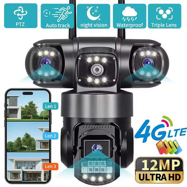 SWVW 12MP 6K HD 4G SIM Card IP Camera 10X Zoom Outdoor Three Lens Three Screens PTZ CCTV Auto Tracking Video Surveillance Security Protecti,4G Outdoor And Indoor Security Home Cameras, Wireless 4G Cameras, IP Cameras, PTZ Cameras, Ring Camera ,None Surveillance Cameras,CCTV Cameras,Pet Camera ,Smart Outdoor Indoor PTZ IP