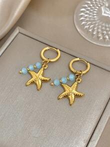 1 par de pendientes colgantes de estrella de mar de verano con circonita, pendientes colgantes dorados para mujer de acero inoxidable para uso diario, fiesta, joyería, regalos de Halloween y Navidad