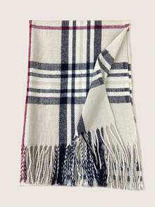 1件女士米色格子流苏围巾，优雅时尚仿羊绒披肩，防风保暖，适合户外活动，秋冬季搭配连衣裙 - 米色 - 查看 4