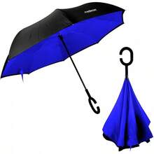 Paraguas de doble refuerzo de moda, paraguas a prueba de viento y lluvias torrenciales, paraguas grandes en sentido inverso, sin escorrentía, fácil de llevar - azul - Ver 2